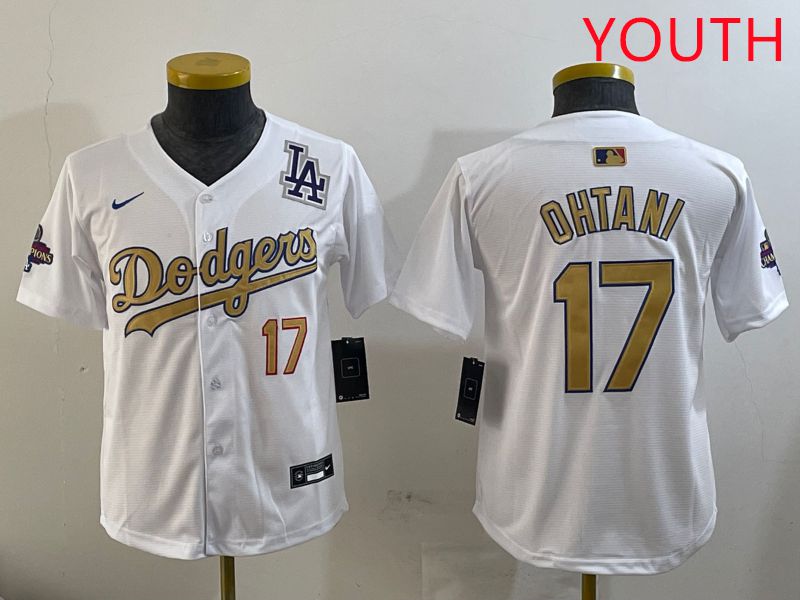 Youth Los Angeles Dodgers 17 Ohtani White Champion gold character 2025 Nike MLB Jersey style 2